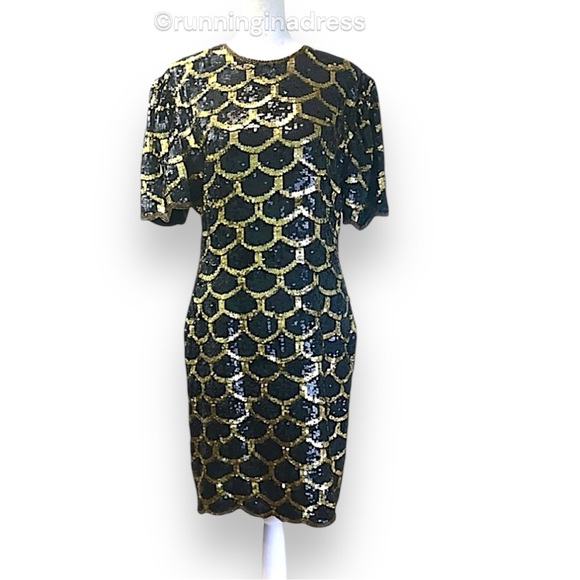 Vintage Laurence Kazar Black Gold Sequin Silk Scalloped Hem Cocktail Dress Med - Picture 1 of 13